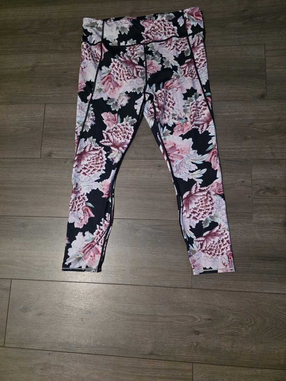 Athleta Navy Leggings with Pink Floral Pattern